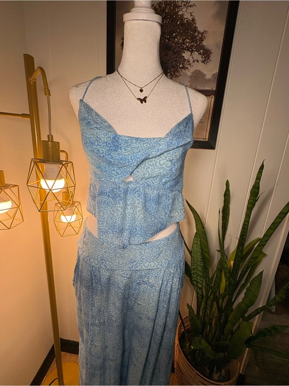 Free People 2 piece top & ruffled wide leg pants M breezy blue🩵 - Picture 4 of 12